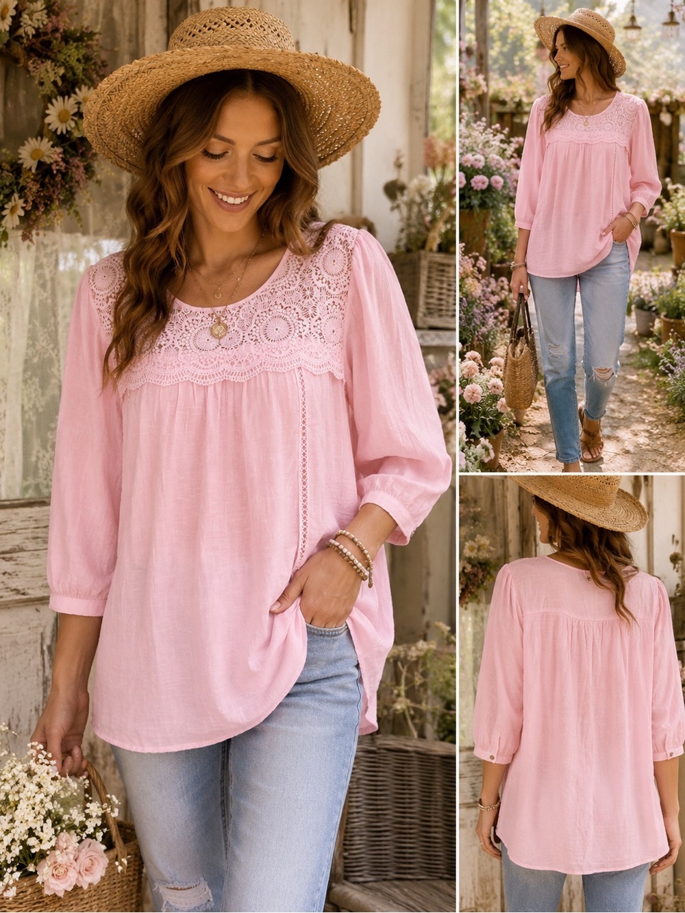Women’s Blush Pink Crochet Yoke Peasant Top